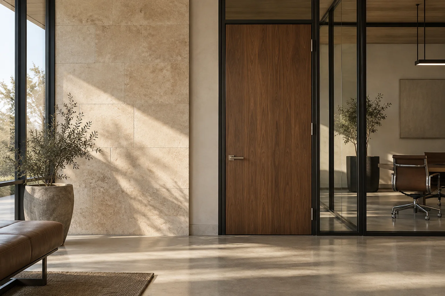 Illustrative walnut architectural door positioned to the right of a limestone wall and glass office partition
