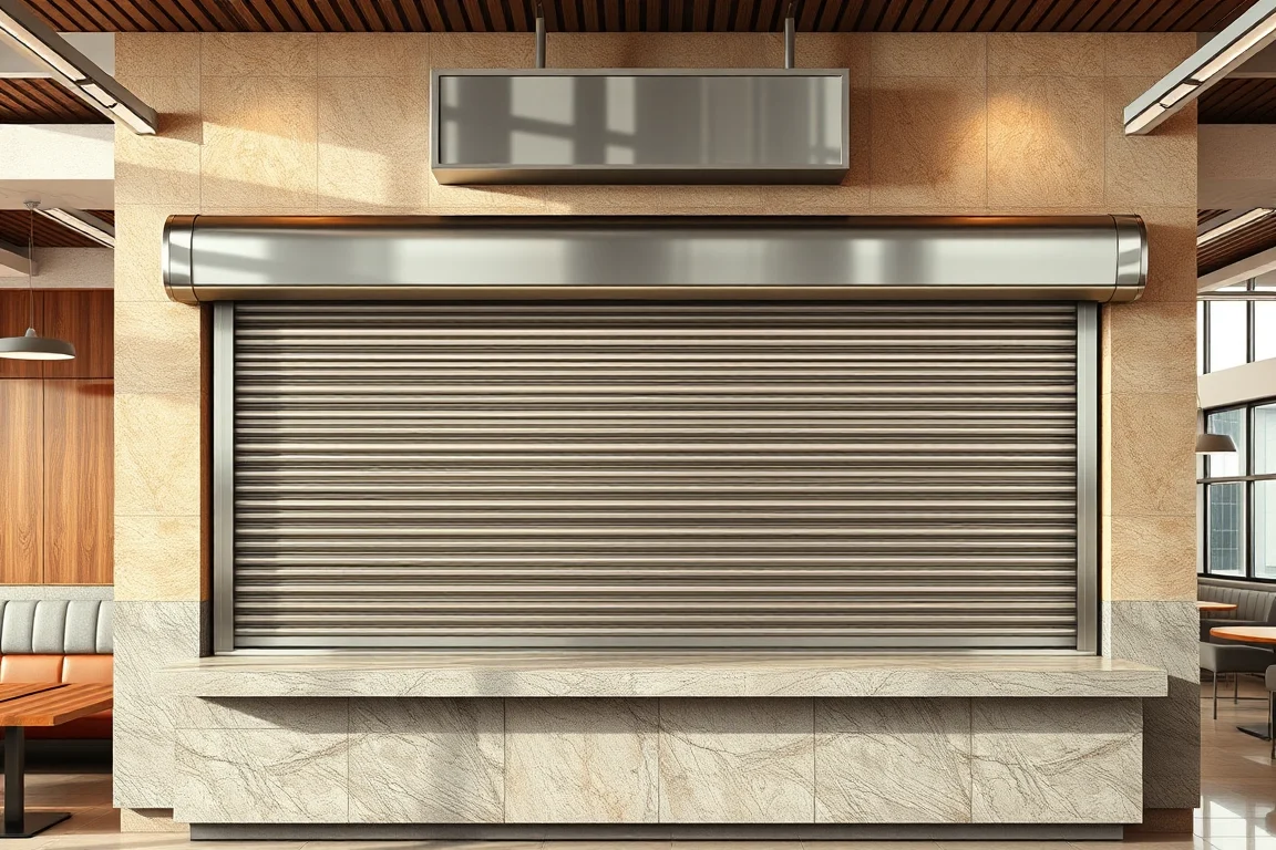 Rolling metal counter shutter in a commercial interior