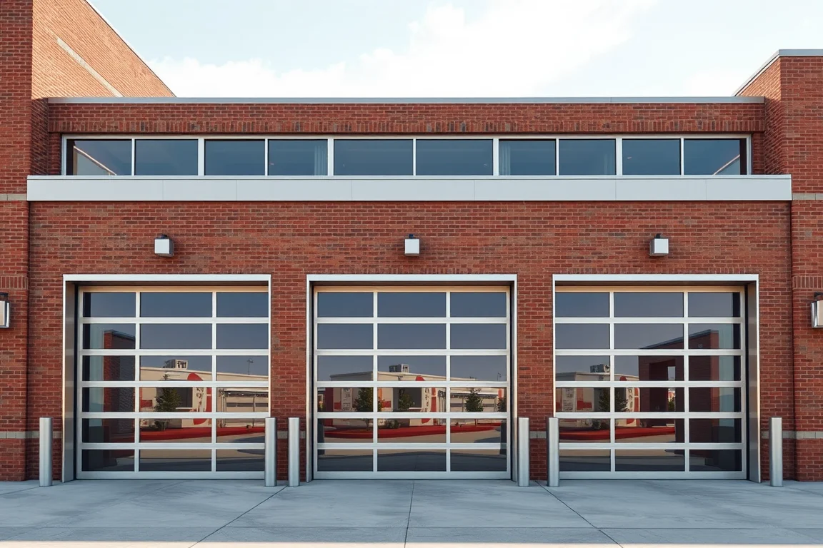 Glass sectional garage doors on a brick firehouse