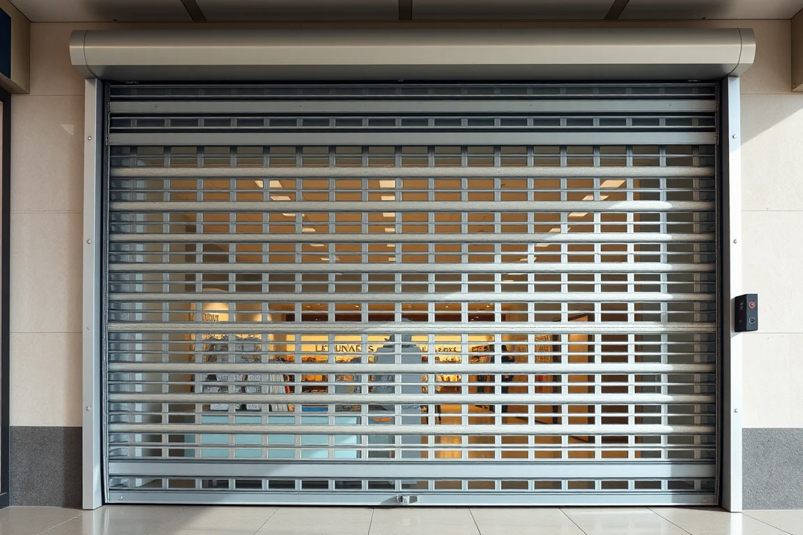 Open-lattice rolling security grille across a storefront