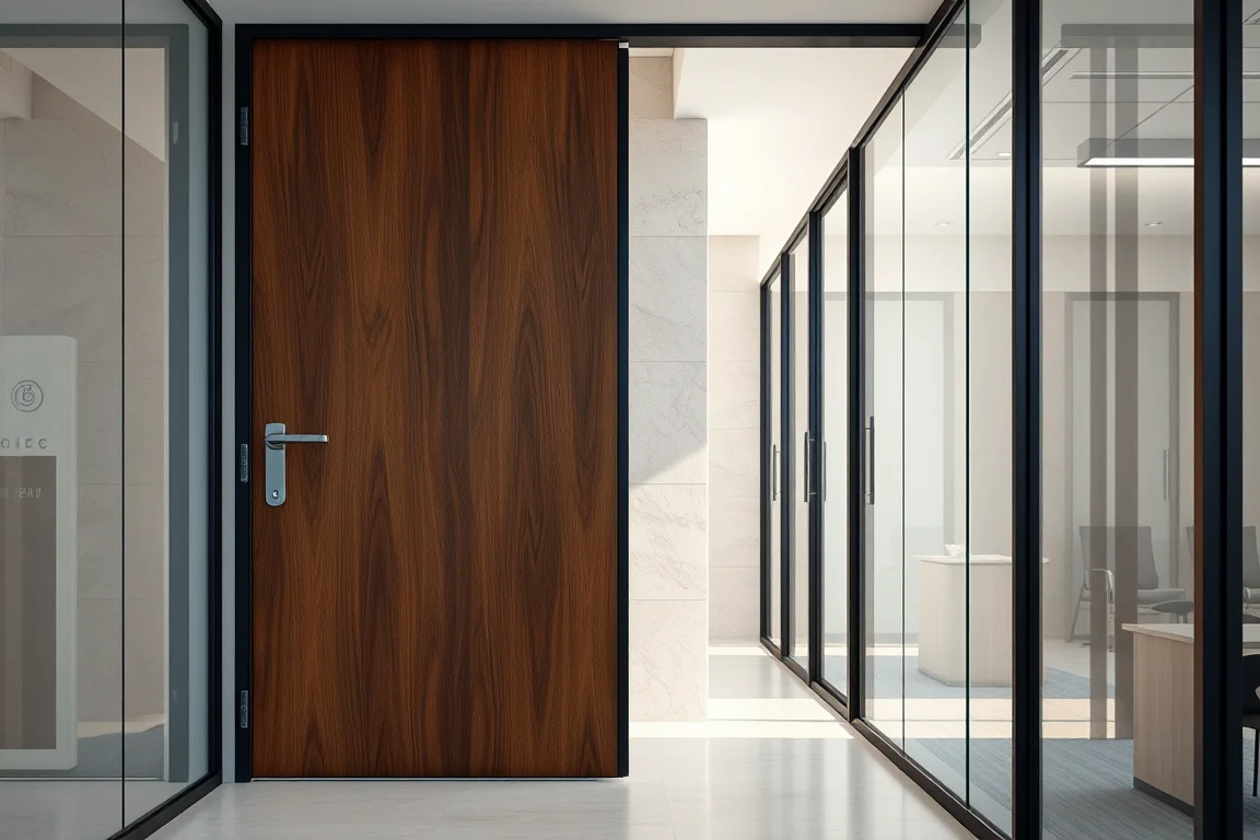 Modern walnut office door with a metal frame and glass partitions